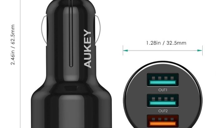 Aukey CC-T11 42W 3-Port Car Charger with Quick Charge 3.0 Port & AiPower 2 Port