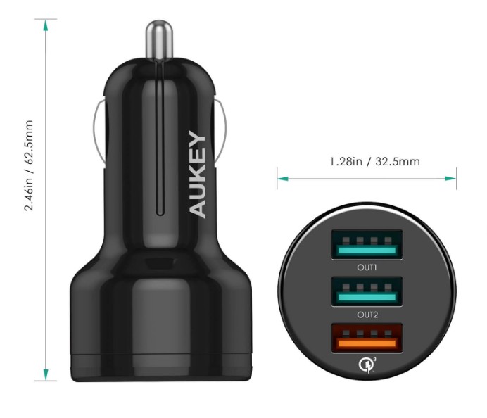 Aukey CC-T11 42W 3-Port Car Charger with Quick Charge 3.0 Port & AiPower 2 Port