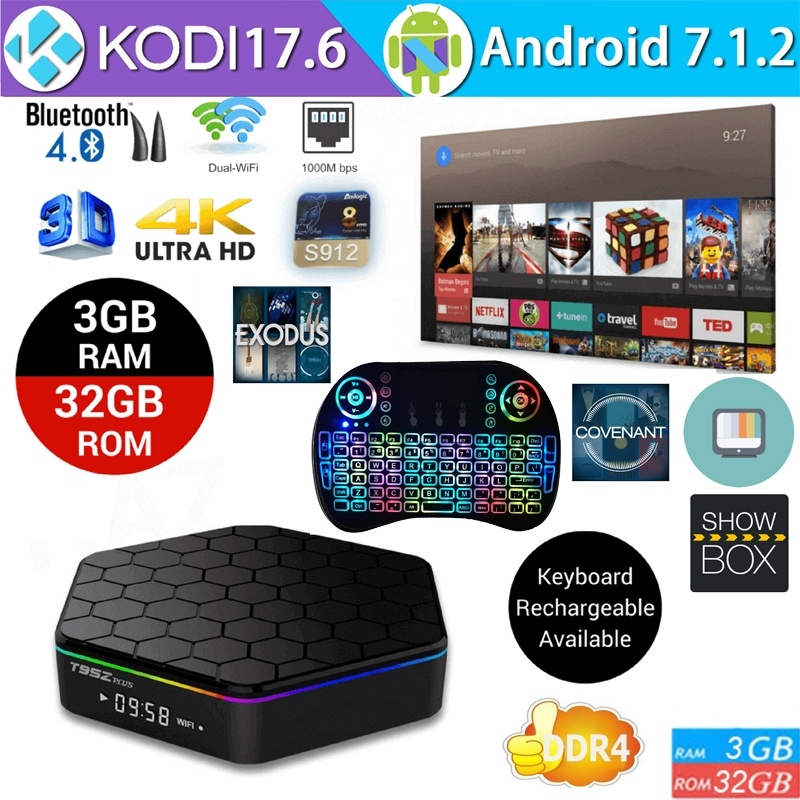 Smart TV Box T95z Plus HD 4K WIFI Octa Core 3GB/32GB Android 7.1 + Wireless Keyboard