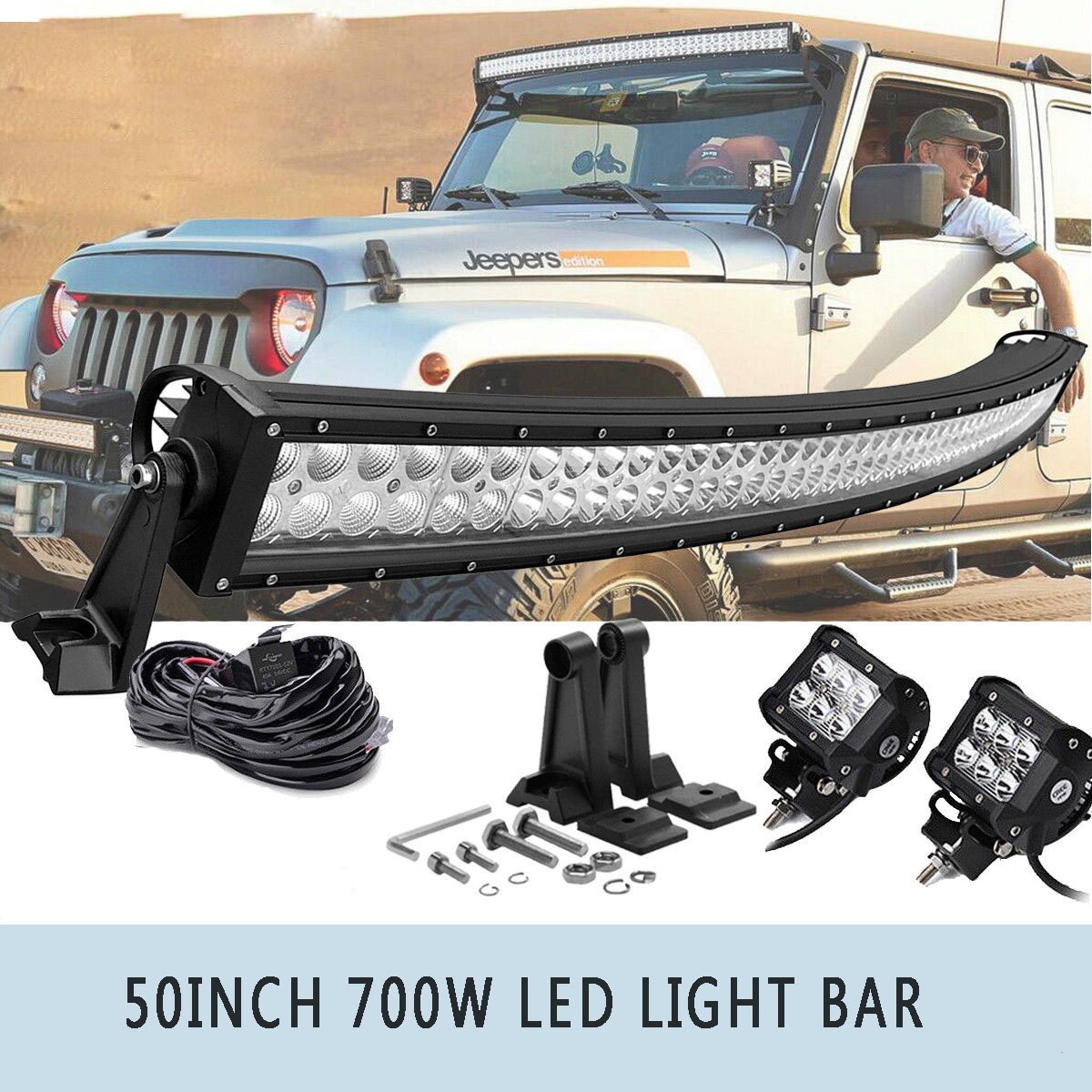 50″ Curved LED Light Bar Combo 1993-98 Jeep Grand+ 2X 4″ 18W Led Flood Lamp +1X Wiring Harness