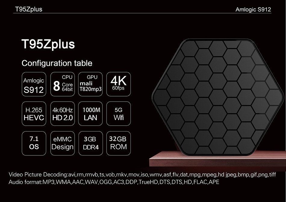 Smart TV Box T95Z Plus Android 7.1 S912 Octa Core 3+32GB 4K Media Player+Free Back-lit Keyboard