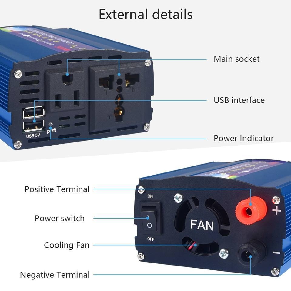 300W Portable Power Inverter for Car DC 12V to AC 220V, with Dual USB Ports